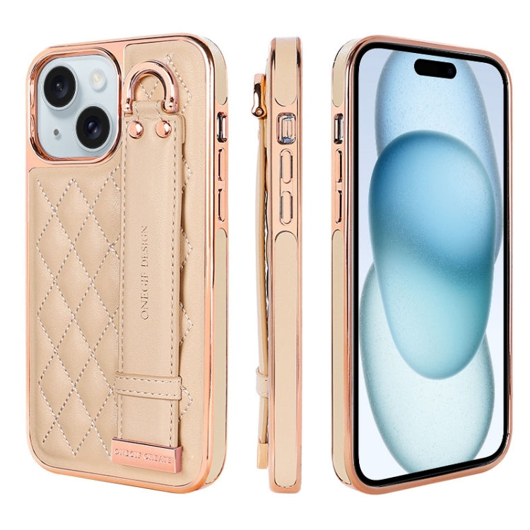 For iPhone 15 Plus VIETAO Rhombic Texture Wristband PU Phone Case