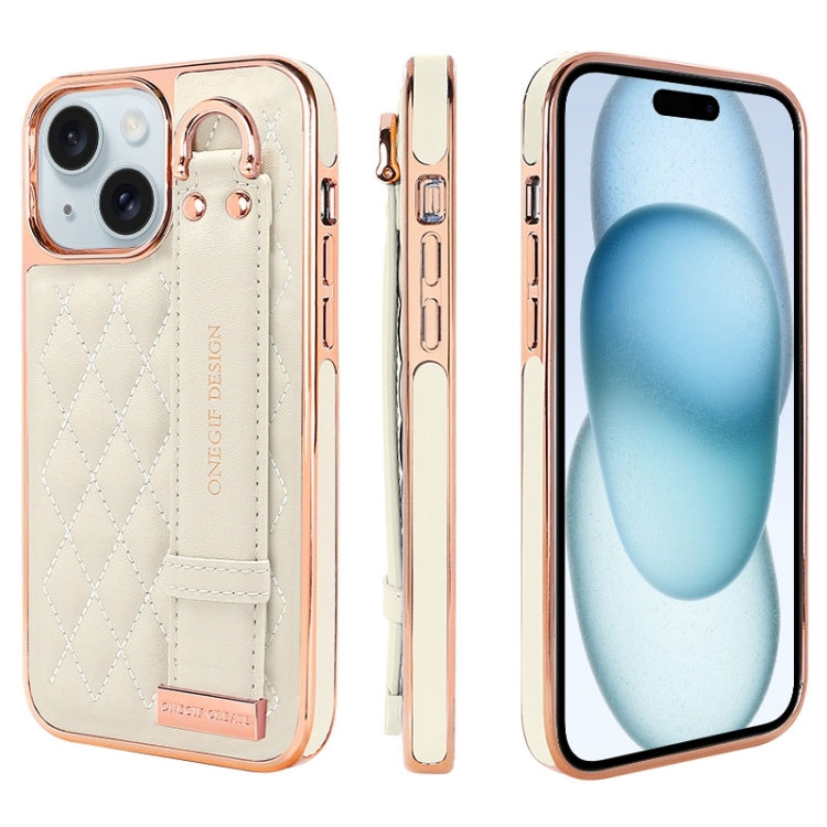 For iPhone 15 VIETAO Rhombic Texture Wristband PU Phone Case