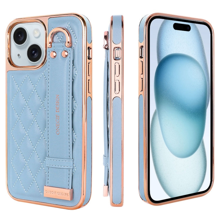 For iPhone 15 VIETAO Rhombic Texture Wristband PU Phone Case