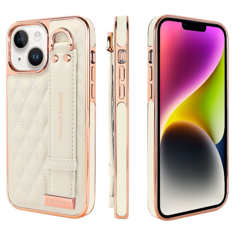 For iPhone 14 VIETAO Rhombic Texture Wristband PU Phone Case