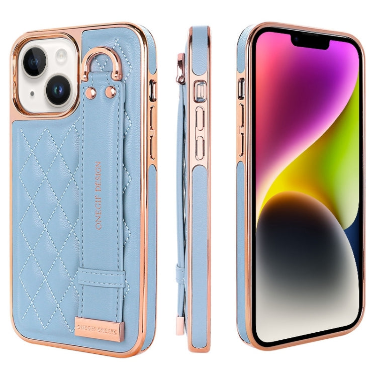 For iPhone 14 VIETAO Rhombic Texture Wristband PU Phone Case