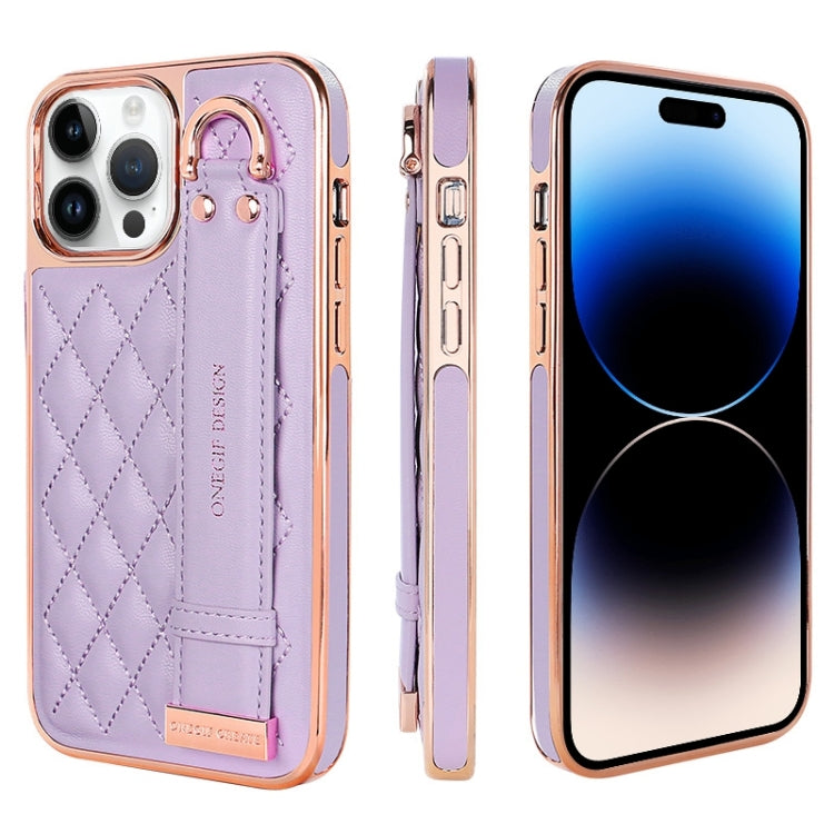 For iPhone 14 Pro Max VIETAO Rhombic Texture Wristband PU Phone Case