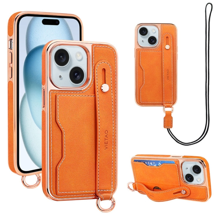 For iPhone 15 Plus VIETAO Card Slot Wristband Phone Case with Lanyard