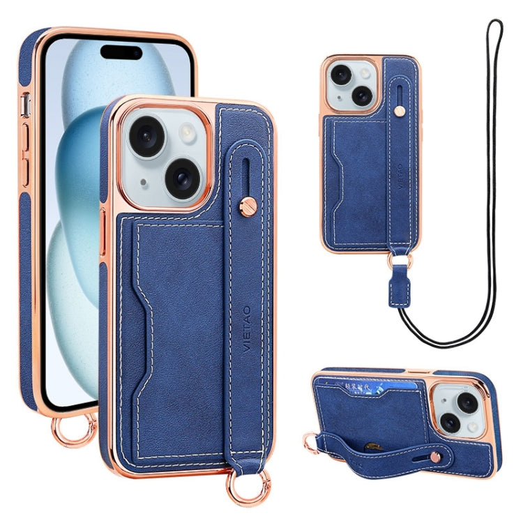 For iPhone 15 Plus VIETAO Card Slot Wristband Phone Case with Lanyard