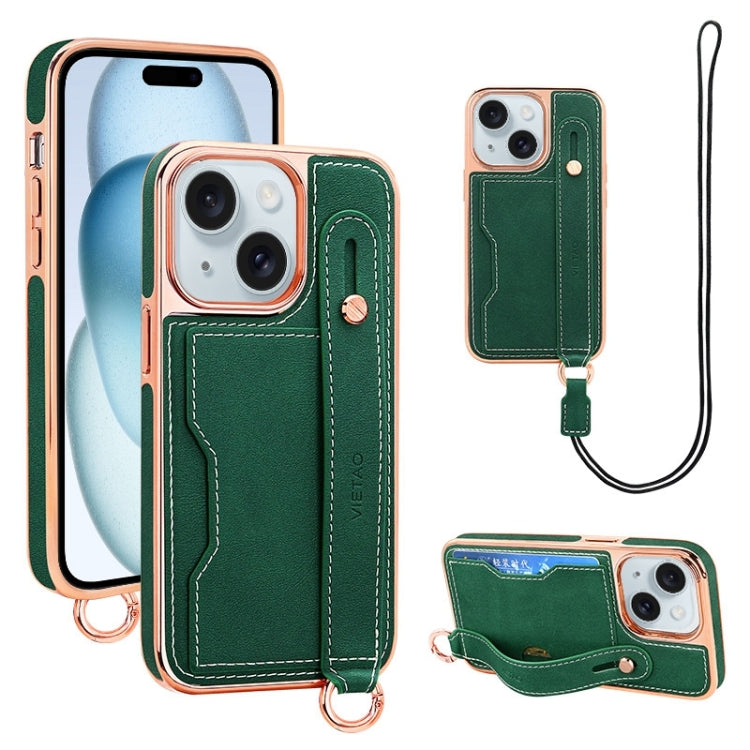 For iPhone 15 Plus VIETAO Card Slot Wristband Phone Case with Lanyard