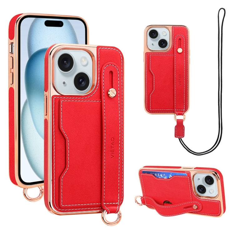 For iPhone 15 VIETAO Card Slot Wristband Phone Case with Lanyard