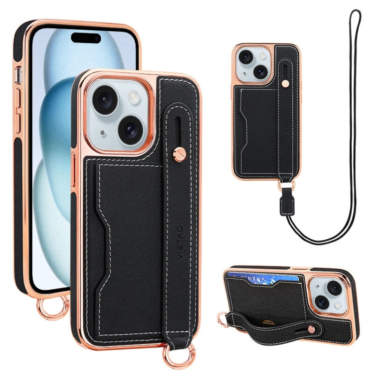 For iPhone 15 VIETAO Card Slot Wristband Phone Case with Lanyard