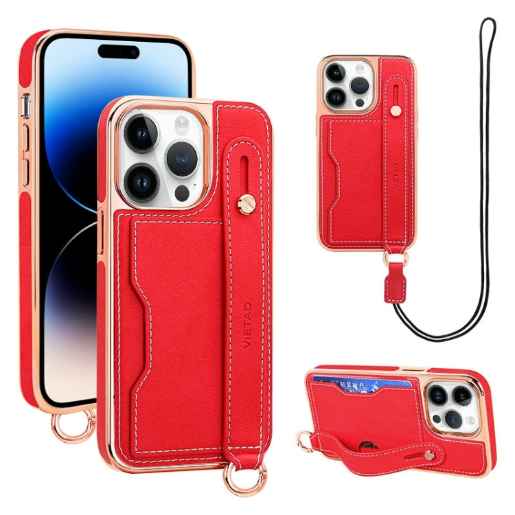 For iPhone 14 Pro Max VIETAO Card Slot Wristband Phone Case with Lanyard
