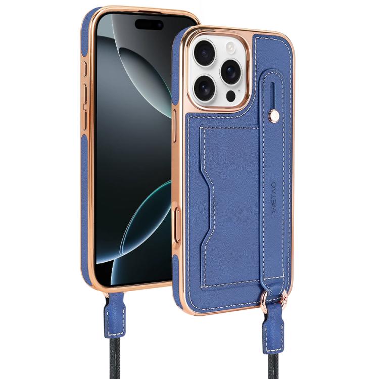 For iPhone 16 Pro Max VIETAO Card Slot Wristband Phone Case with Lanyard