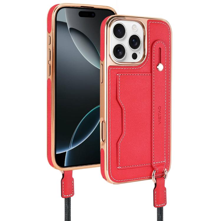 For iPhone 16 Pro Max VIETAO Card Slot Wristband Phone Case with Lanyard