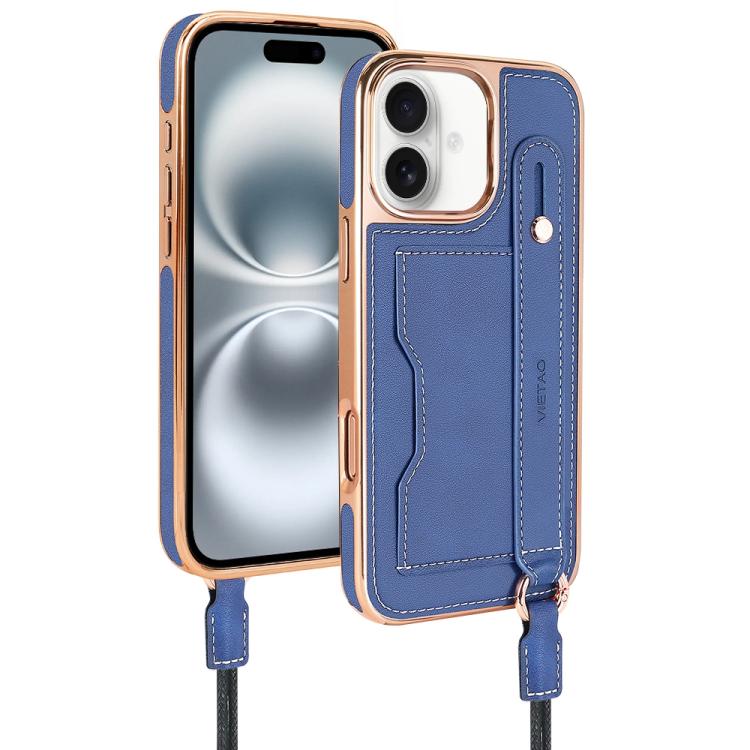 For iPhone 16 Plus VIETAO Card Slot Wristband Phone Case with Lanyard