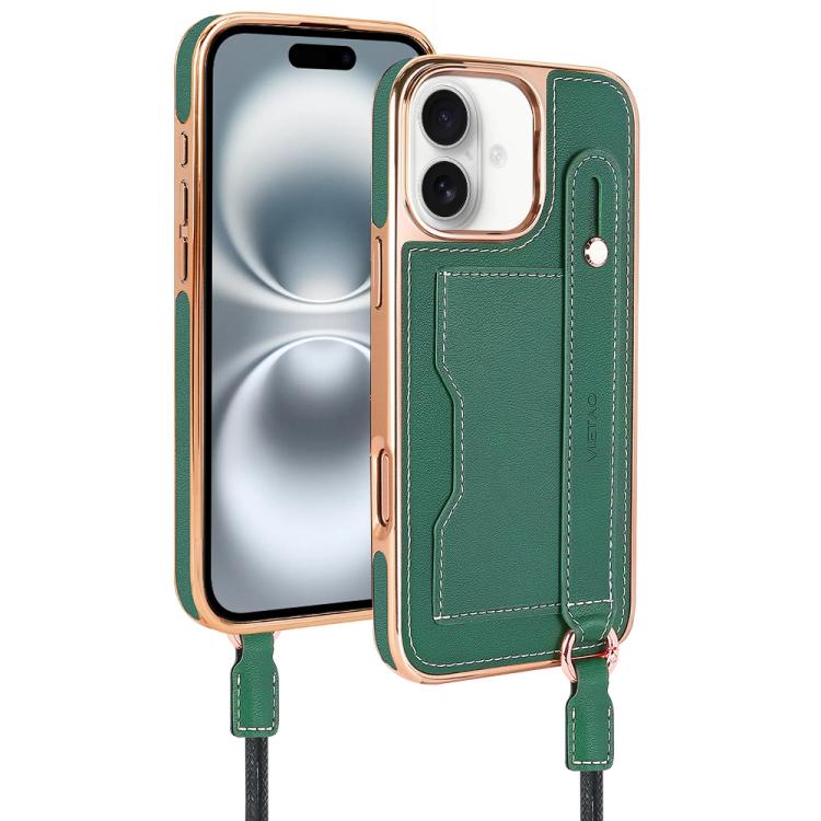For iPhone 16 Plus VIETAO Card Slot Wristband Phone Case with Lanyard