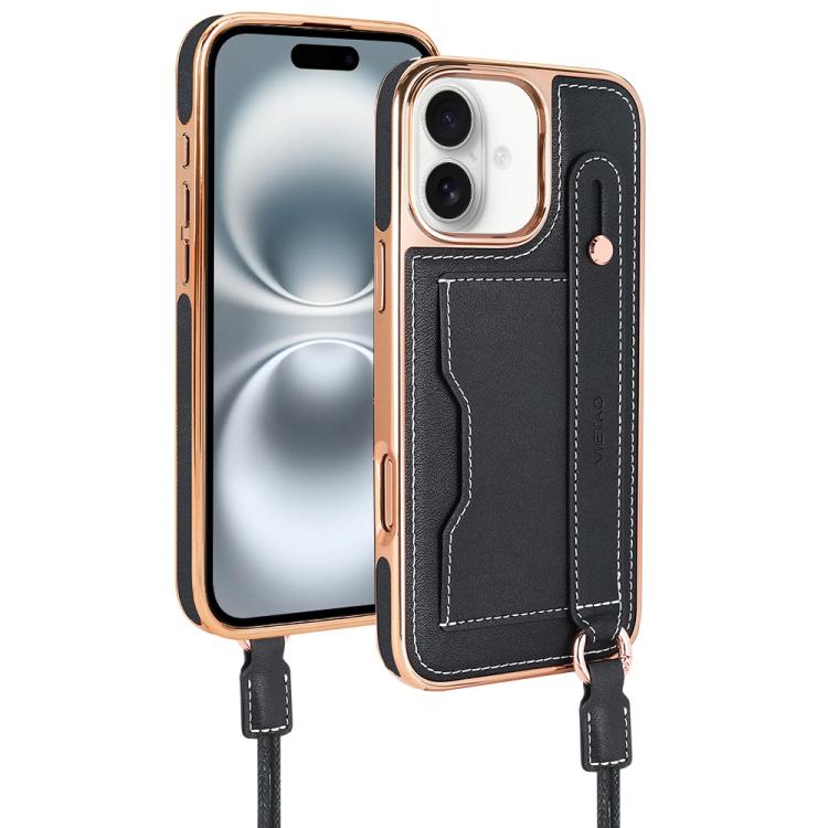 For iPhone 16 Plus VIETAO Card Slot Wristband Phone Case with Lanyard
