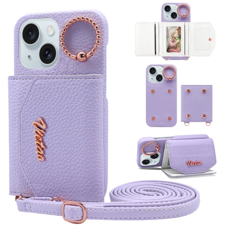 For iPhone 15 Plus VIETAO Ring Holder Card Bag Phone Case with Lanyard