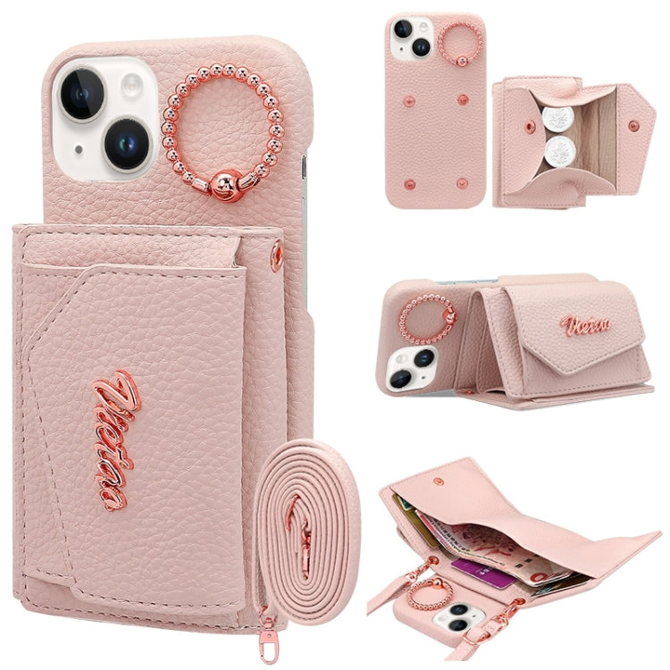 For iPhone 15 Plus VIETAO Ring Holder Wallet PU Phone Case with Lanyard