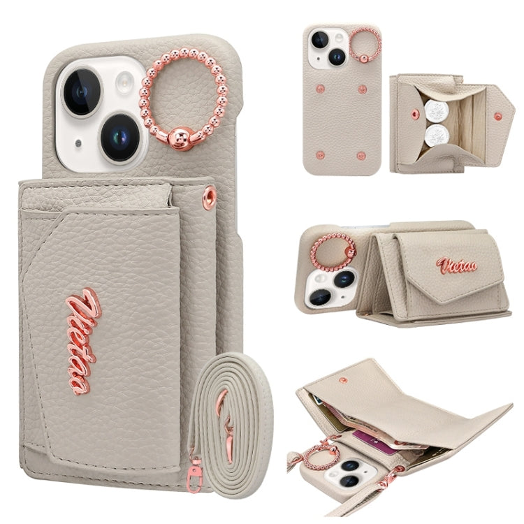 For iPhone 15 Plus VIETAO Ring Holder Wallet PU Phone Case with Lanyard