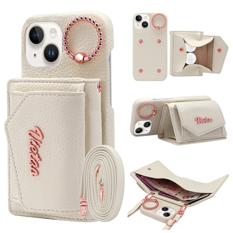 For iPhone 15 Plus VIETAO Ring Holder Wallet PU Phone Case with Lanyard