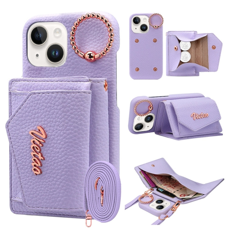 For iPhone 15 VIETAO Ring Holder Wallet PU Phone Case with Lanyard