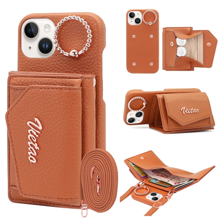 For iPhone 14 VIETAO Ring Holder Wallet PU Phone Case with Lanyard