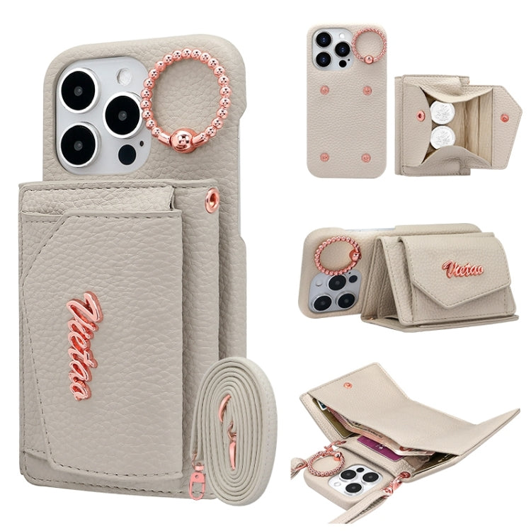 For iPhone 14 Pro VIETAO Ring Holder Wallet PU Phone Case with Lanyard