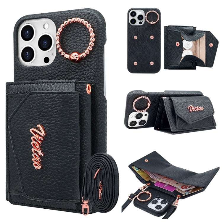 For iPhone 14 Pro Max VIETAO Ring Holder Wallet PU Phone Case with Lanyard