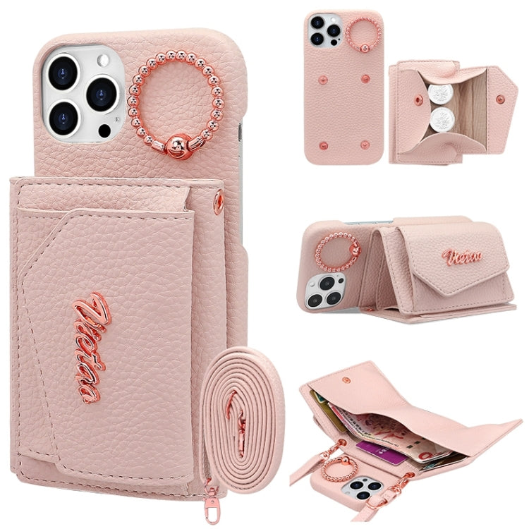For iPhone 13 Pro Max VIETAO Ring Holder Wallet PU Phone Case with Lanyard