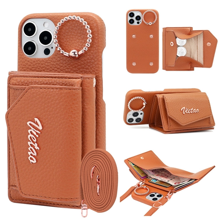 For iPhone 13 Pro Max VIETAO Ring Holder Wallet PU Phone Case with Lanyard