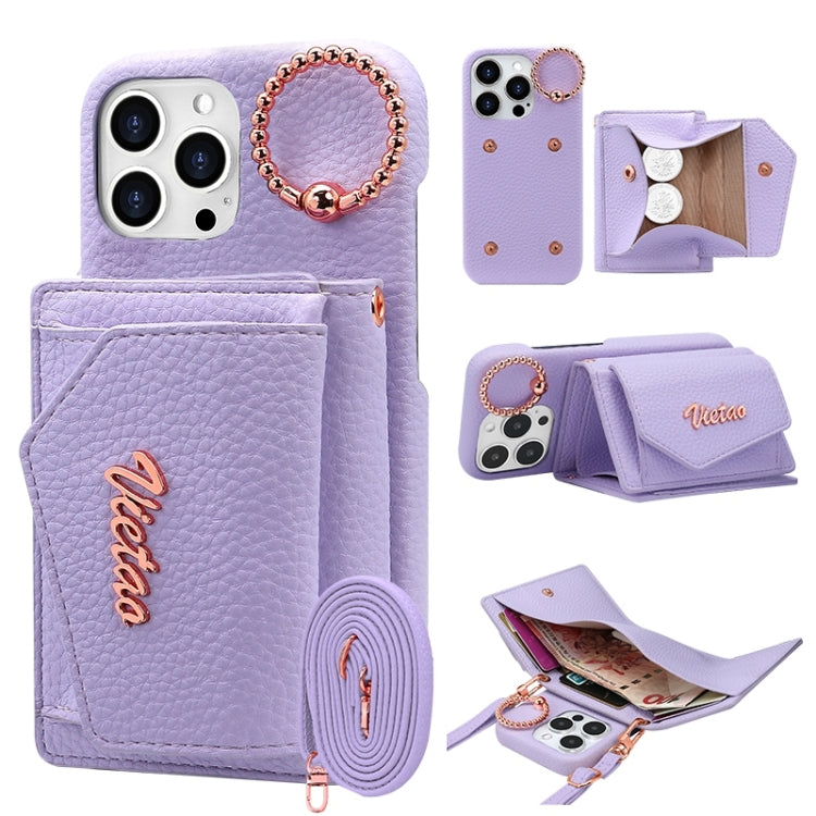 For iPhone 13 Pro Max VIETAO Ring Holder Wallet PU Phone Case with Lanyard