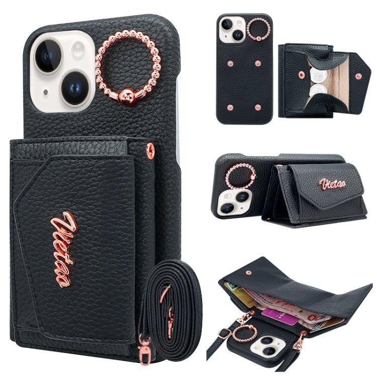 For iPhone 13 VIETAO Ring Holder Wallet PU Phone Case with Lanyard