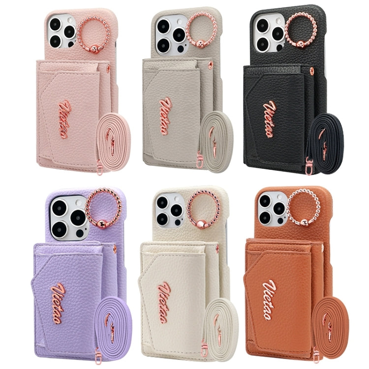 For iPhone 14 Pro VIETAO Ring Holder Wallet PU Phone Case with Lanyard