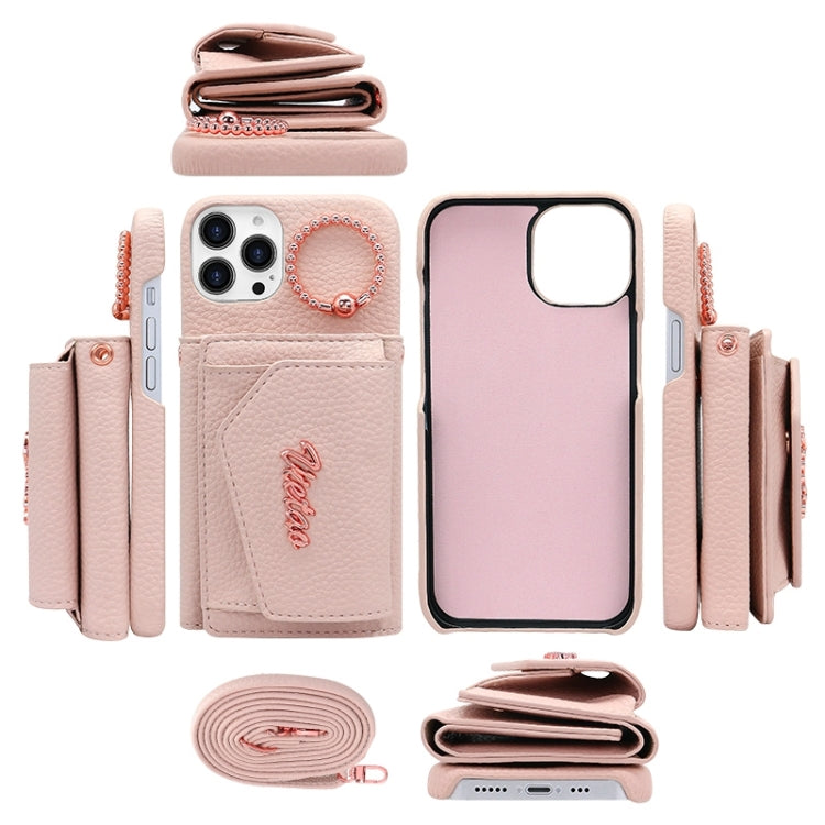 For iPhone 15 Plus VIETAO Ring Holder Wallet PU Phone Case with Lanyard