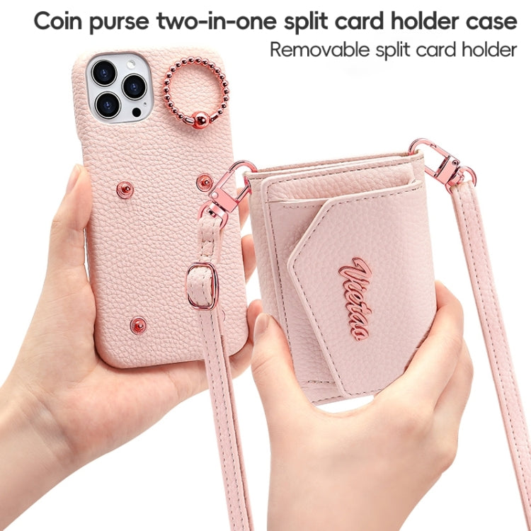 For iPhone 15 Plus VIETAO Ring Holder Wallet PU Phone Case with Lanyard