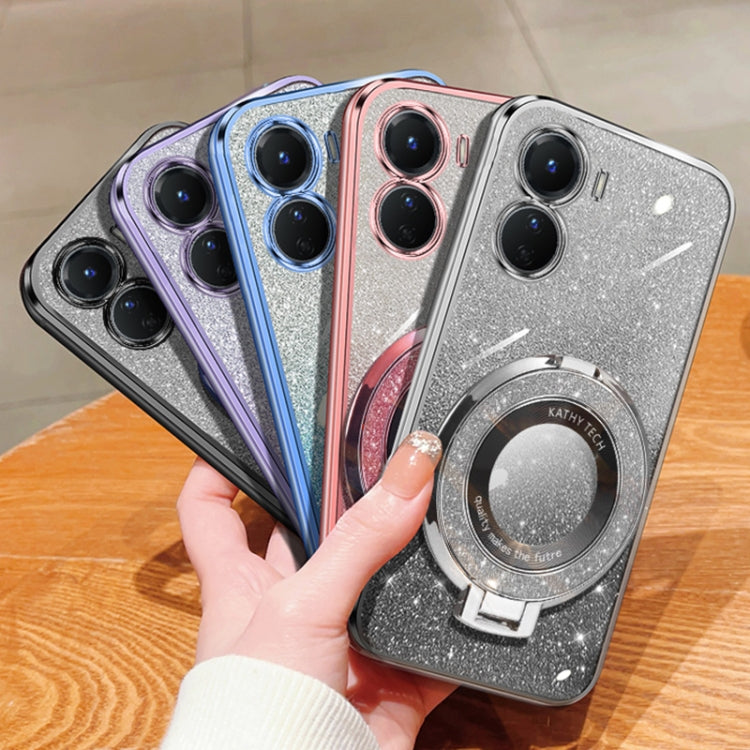 For vivo Y16 Plated Gradient Glitter Round Holder TPU Phone Case