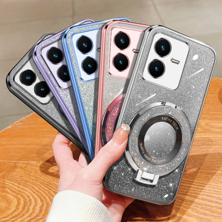 For vivo Y22 / Y22s Plated Gradient Glitter Round Holder TPU Phone Case