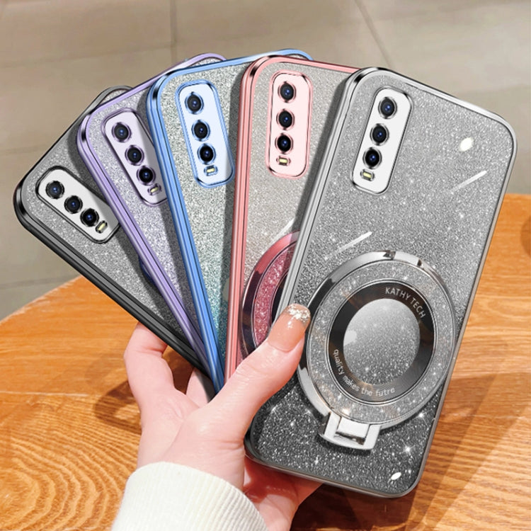 For vivo Y70s / T70T Plated Gradient Glitter Round Holder TPU Phone Case