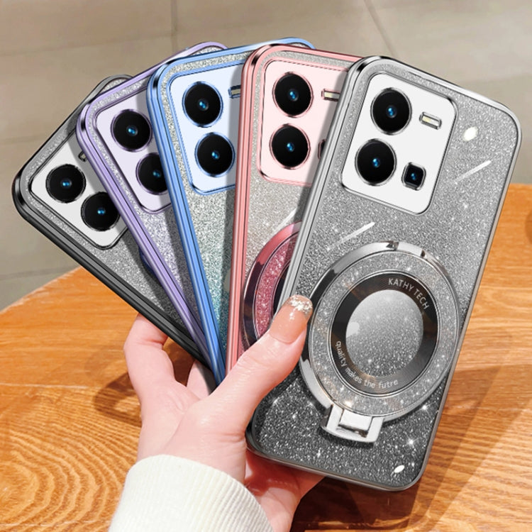 For vivo Y35 Global 2022 Plated Gradient Glitter Round Holder TPU Phone Case