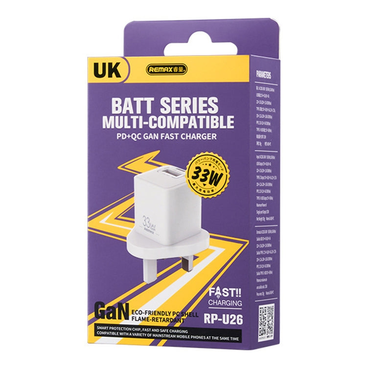 REMAX RP-U26 33W USB+USB-C / Type-C GaN Fast Charging Charger, Specification:UK Plug - White