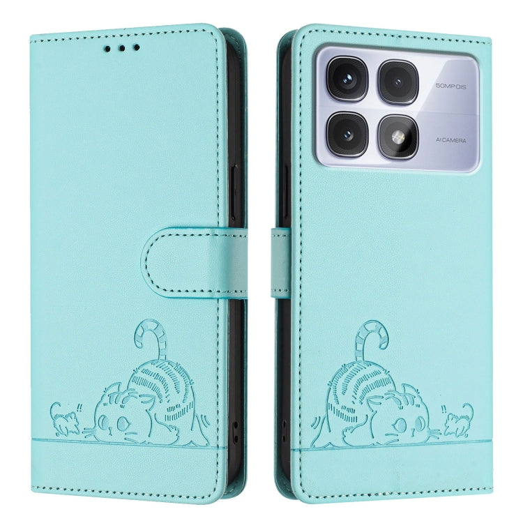 For Redmi K70 Ultra 5G Global Cat Rat Embossed Pattern RFID Leather Phone Case with Lanyard