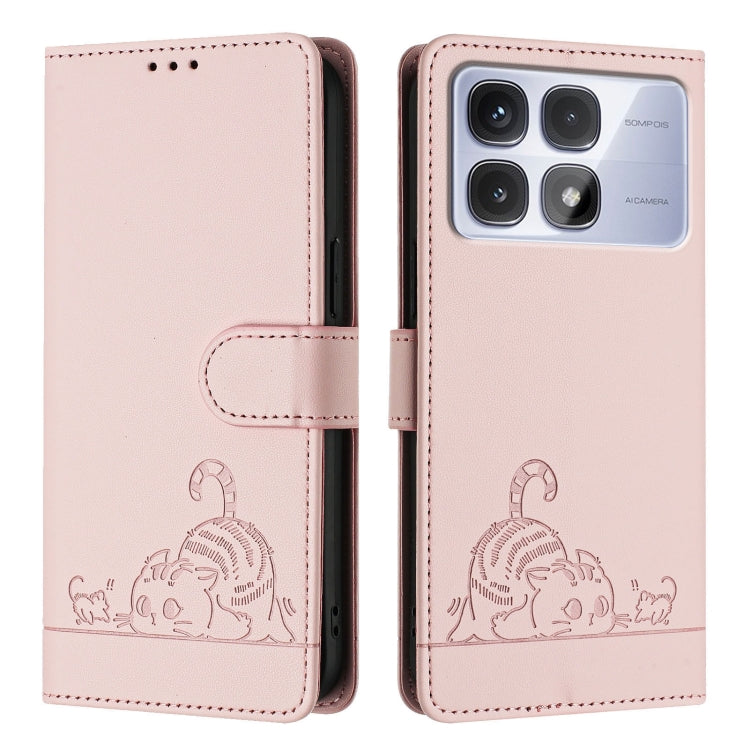 For Redmi K70 Ultra 5G Global Cat Rat Embossed Pattern RFID Leather Phone Case with Lanyard