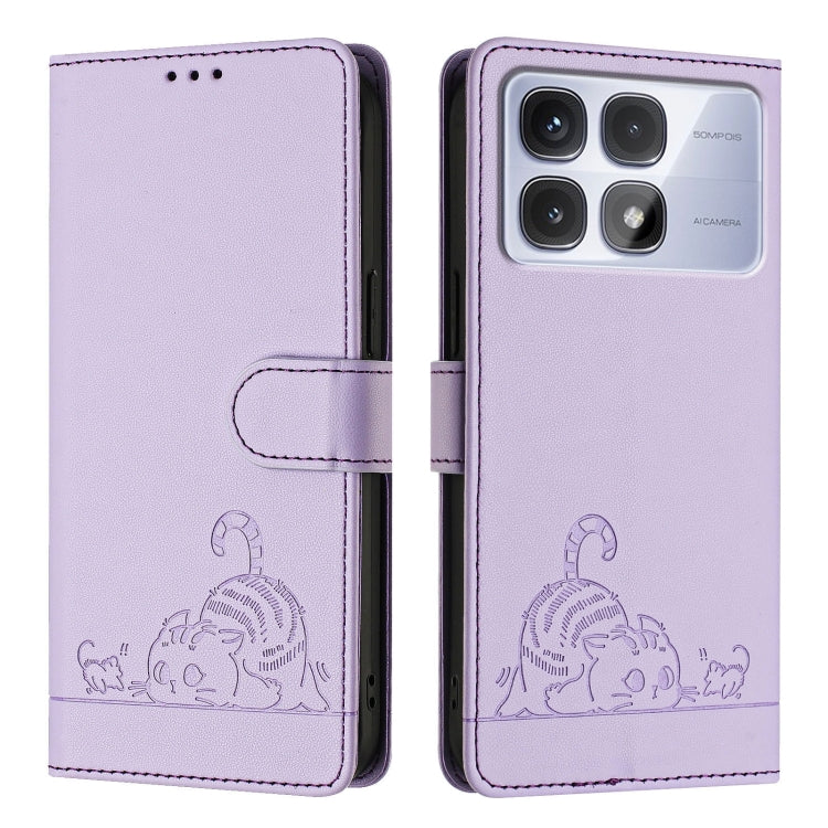 For Redmi K70 Ultra 5G Global Cat Rat Embossed Pattern RFID Leather Phone Case with Lanyard