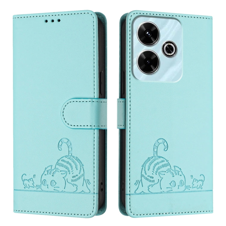 For Redmi 13 4G Cat Rat Embossed Pattern RFID Leather Phone Case with Lanyard