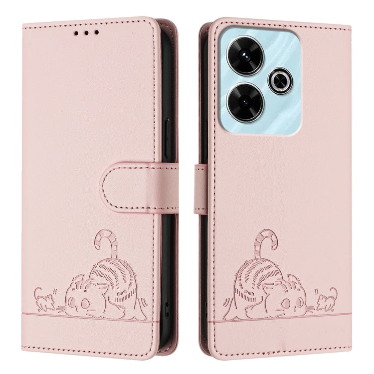 For Redmi 13 4G Cat Rat Embossed Pattern RFID Leather Phone Case with Lanyard