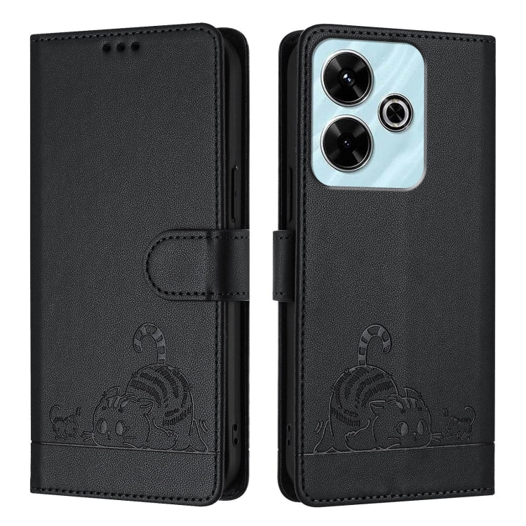 For Redmi 13 4G Cat Rat Embossed Pattern RFID Leather Phone Case with Lanyard