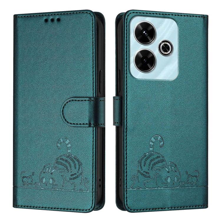 For Redmi 13 4G Cat Rat Embossed Pattern RFID Leather Phone Case with Lanyard