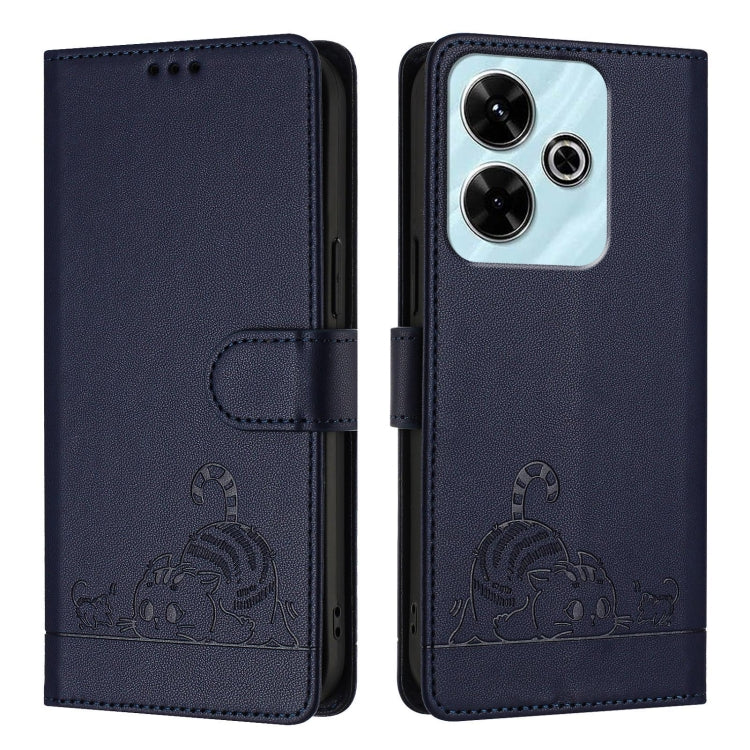 For Redmi 13 4G Cat Rat Embossed Pattern RFID Leather Phone Case with Lanyard
