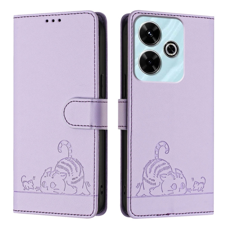 For Redmi 13 4G Cat Rat Embossed Pattern RFID Leather Phone Case with Lanyard