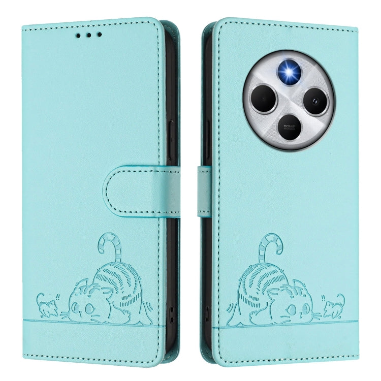 For Redmi 14C 4G Cat Rat Embossed Pattern RFID Leather Phone Case with Lanyard