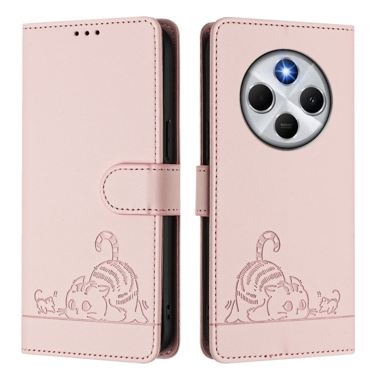 For Redmi 14C 4G Cat Rat Embossed Pattern RFID Leather Phone Case with Lanyard