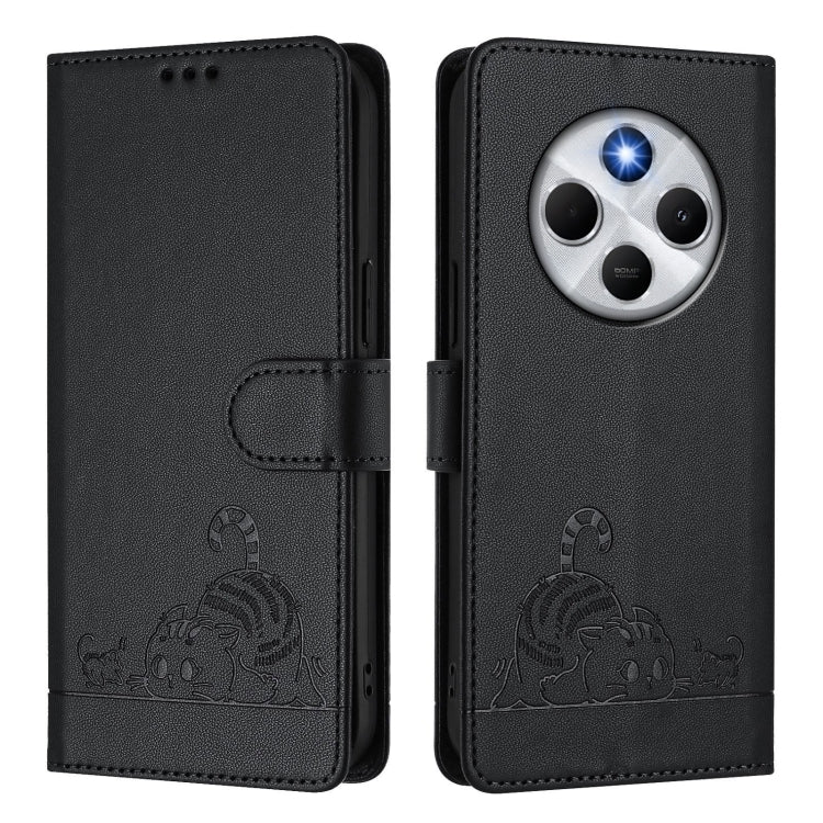 For Redmi 14C 4G Cat Rat Embossed Pattern RFID Leather Phone Case with Lanyard