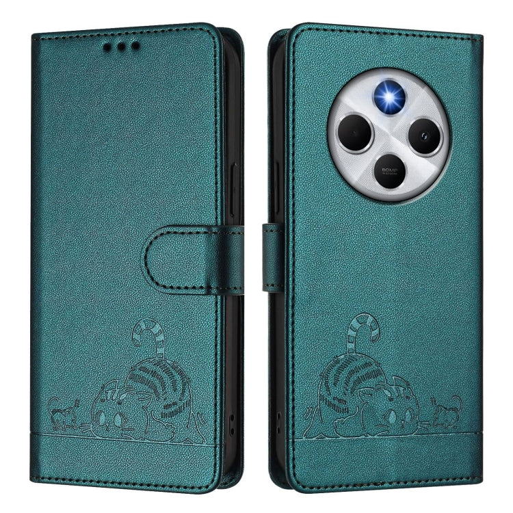 For Redmi 14C 4G Cat Rat Embossed Pattern RFID Leather Phone Case with Lanyard